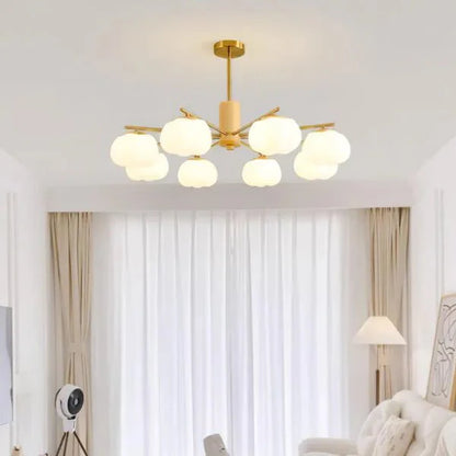 Creative chandelier in the living room made of wood and cotton balls 