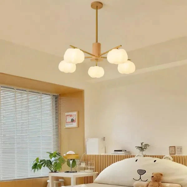 Creative chandelier in the living room made of wood and cotton balls 