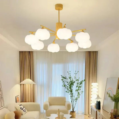 Creative chandelier in the living room made of wood and cotton balls 