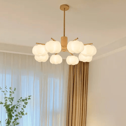 Creative chandelier in the living room made of wood and cotton balls 