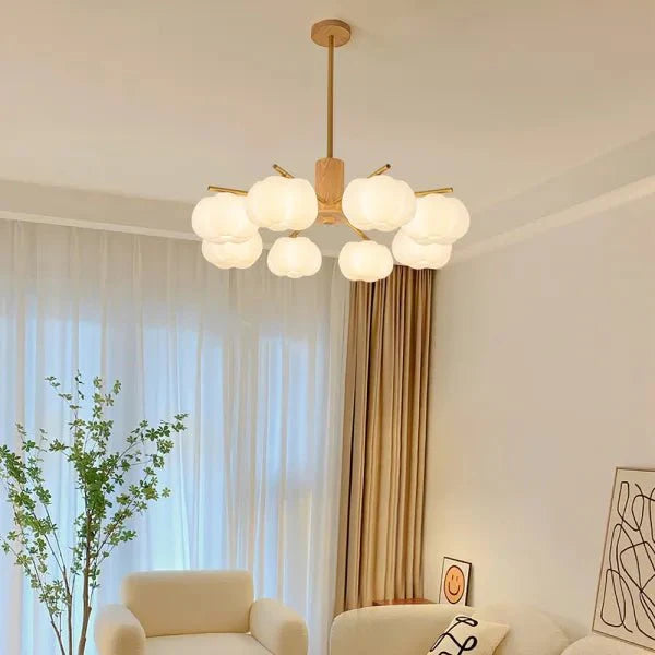 Creative chandelier in the living room made of wood and cotton balls 