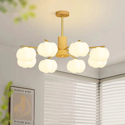 Creative chandelier in the living room made of wood and cotton balls 