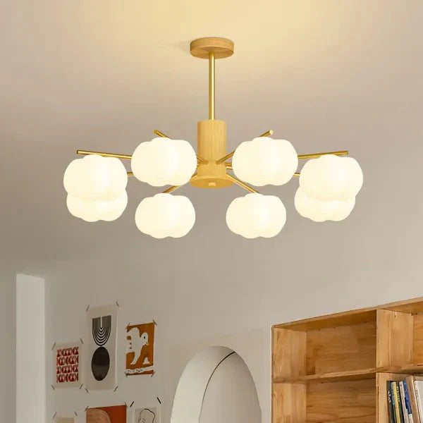 Creative chandelier in the living room made of wood and cotton balls 