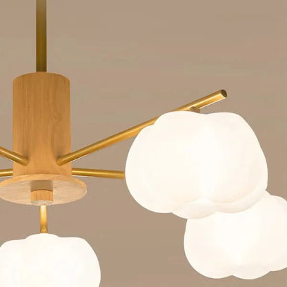 Creative chandelier in the living room made of wood and cotton balls 