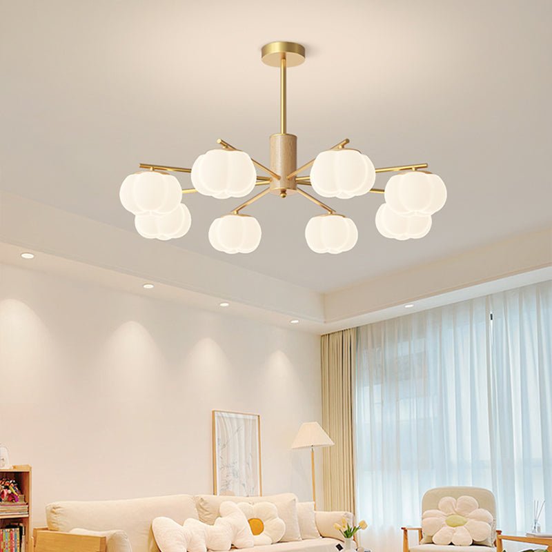 Creative chandelier in the living room made of wood and cotton balls 