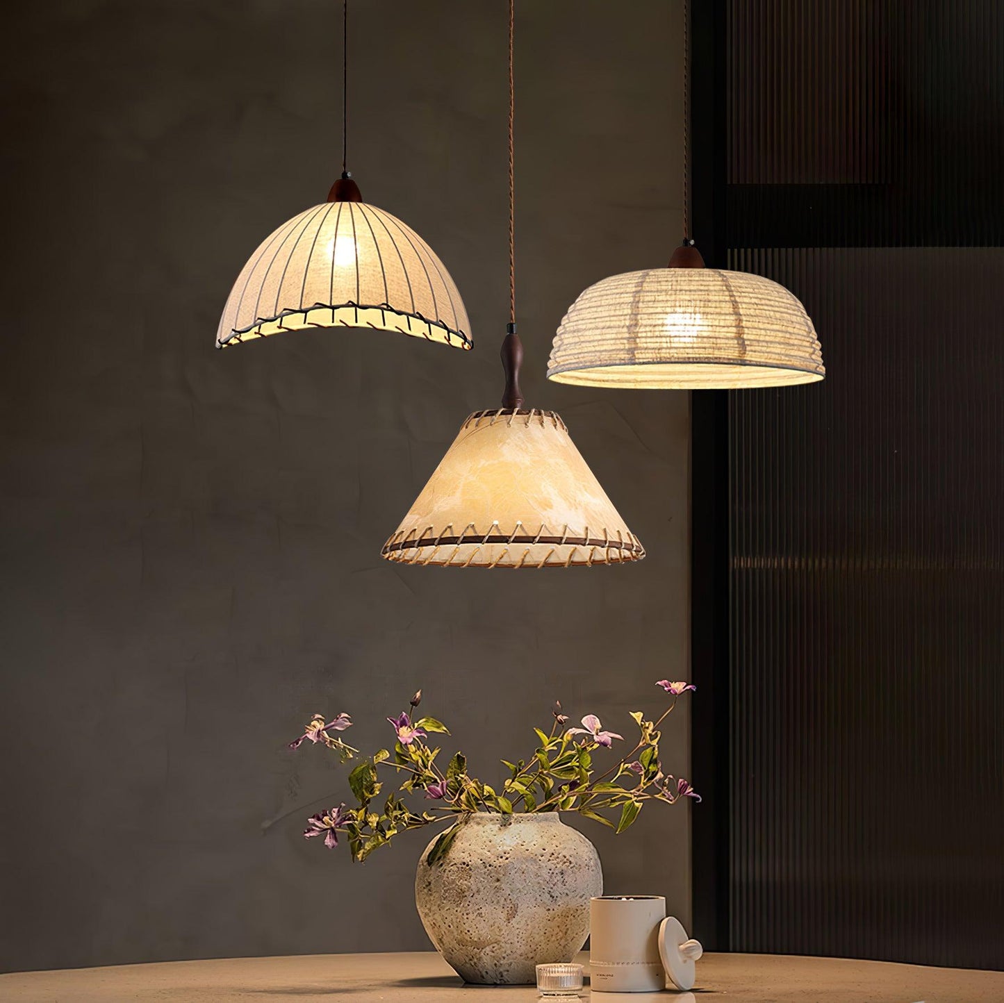 Pendant lamp with wood and fabric