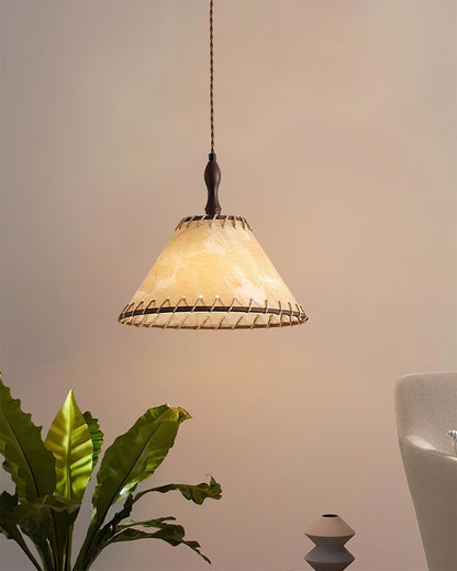 Pendant lamp with wood and fabric