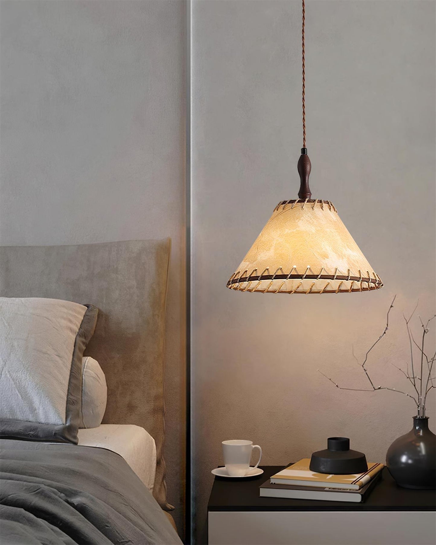 Pendant lamp with wood and fabric