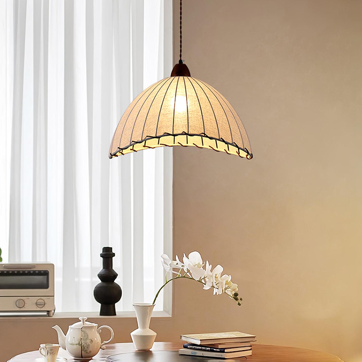 Pendant lamp with wood and fabric