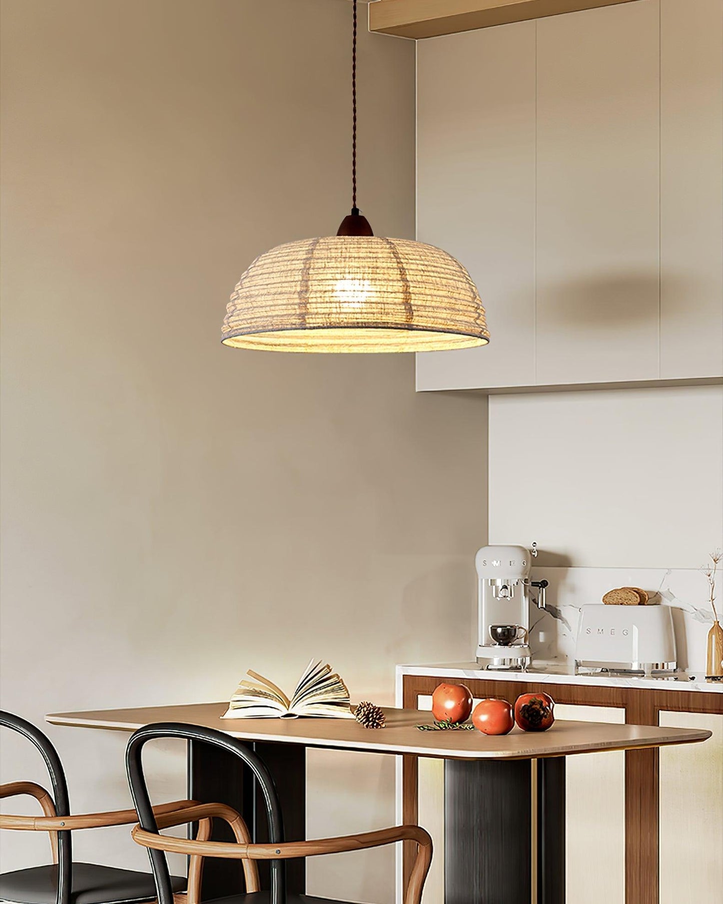 Pendant lamp with wood and fabric